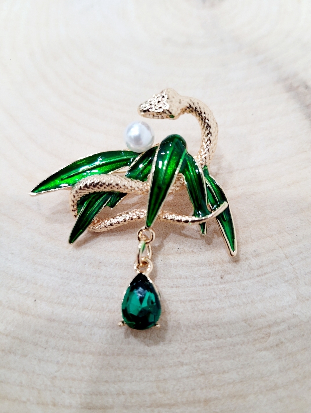 Brand New Gold Tone Green Bamboo Snake Rhinestone Brooch Pin